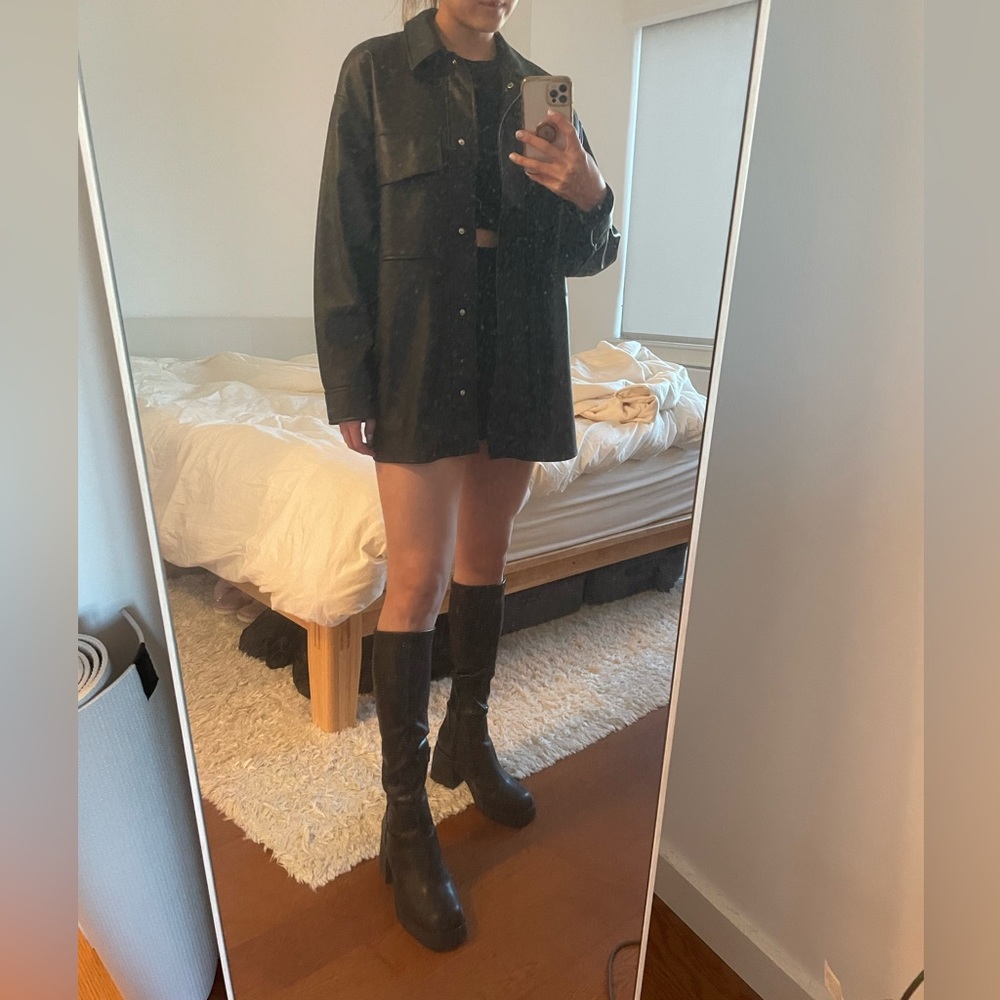 Zara Black Faux Leather Oversized Shirt Jacket, Size S